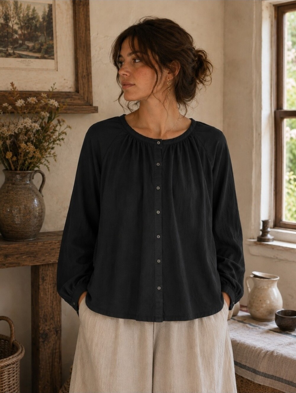 Outerknown Black Button Up Long Sleeve Peasant Sustanable Top Size Medium